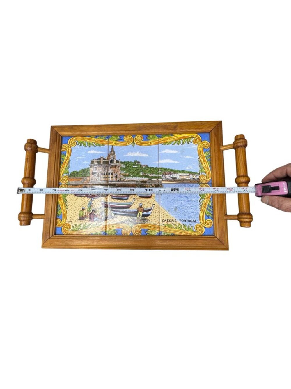 Portuguese Tile Serving Tray Wooden Frame & Handles Cascais Coastal Scene 17X10 - Picture 8 of 9